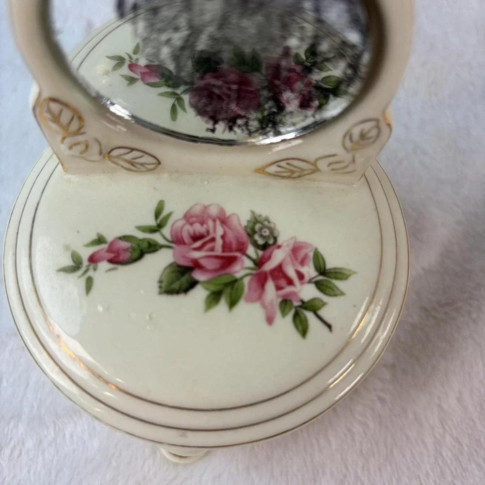 Vtg Porcelain Jewelry Trinket Box Floral Roses‎ Dresser Real Round Mirror Vanity